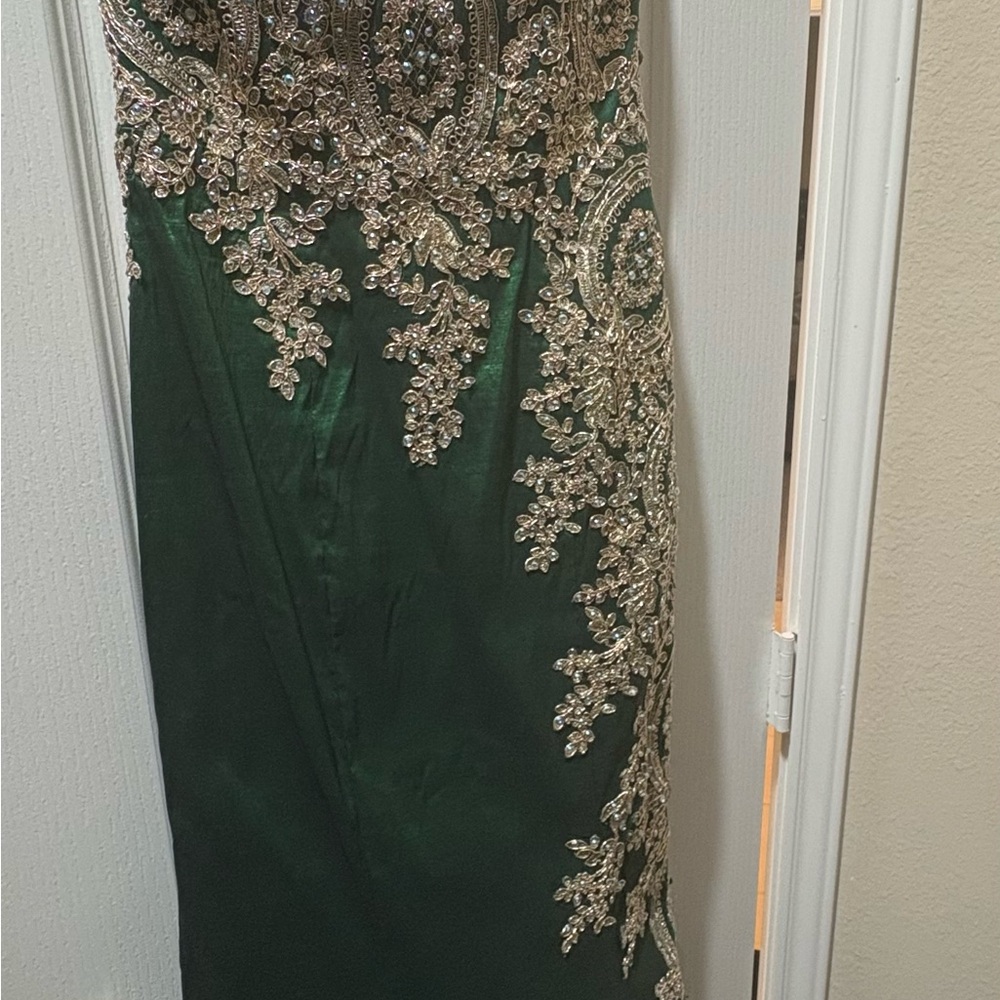 Elegant Green and Gold Embellished Prom Dress
